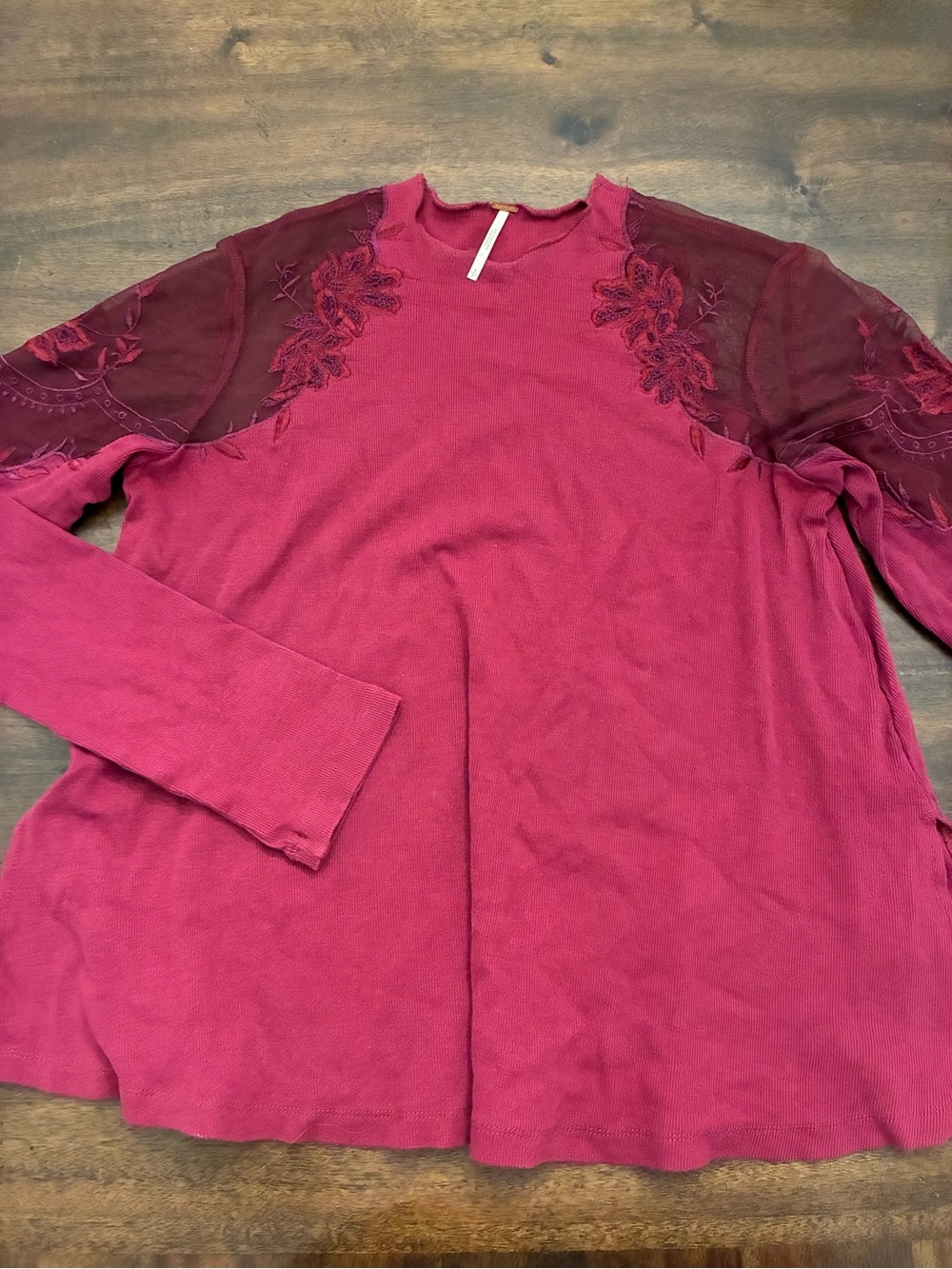 Free People Top Daniella Illusion Women’s Small Burgundy Lace Long Sleeve